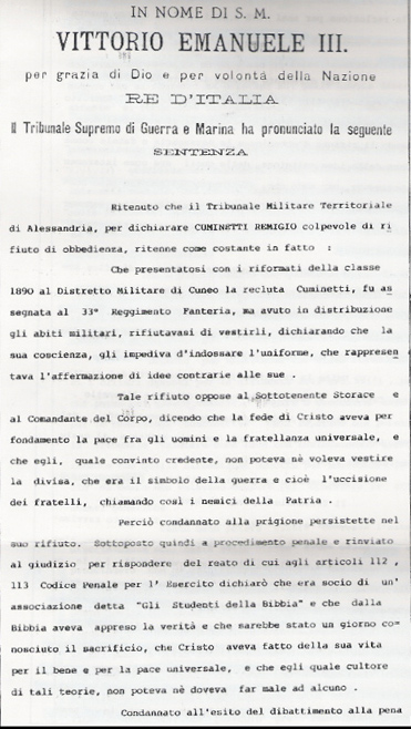 Condanna di II Grado del tribunale supremo al primo obiettore in Italia.