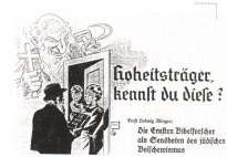 Vignetta della stampa nazista per mettere in guardia la popolazione contro la predicazione dei Testimoni di Geova i quali vengono falsamente accusati di comunismo ebraico.